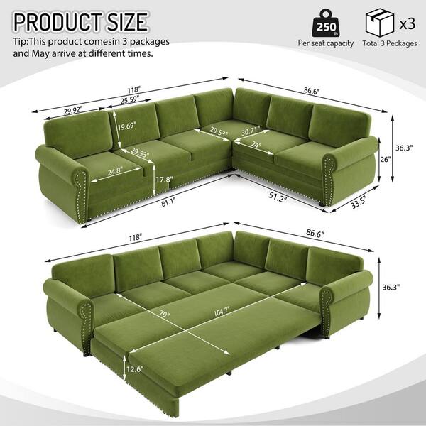 Oversize Convertible 118 in. Chenille Fabric Sectional Sofa in Grass Green with Nailhead Trim, Pull-Out Sofa Sleeper