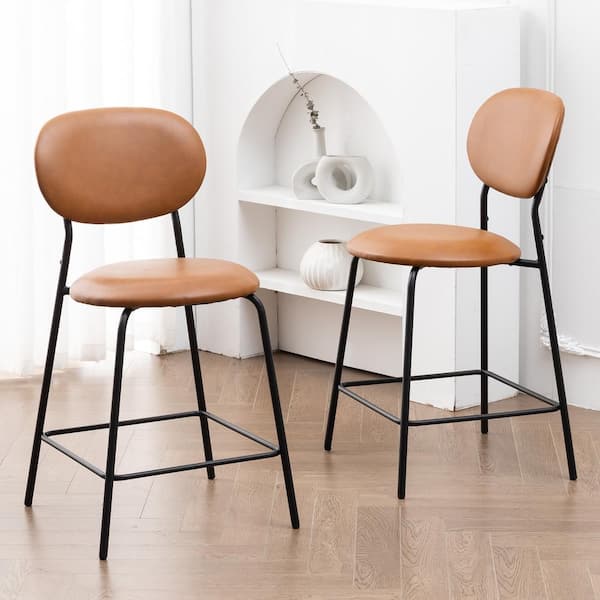 LUE BONA 32.5 in. Whiskey Brown Round Faux Leather Counter Height Bar Stools with Metal Frame (Set of 2)
