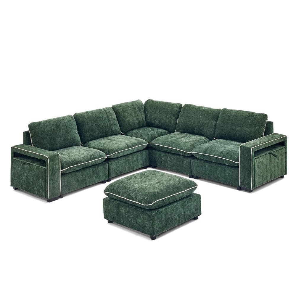 Cloud Collection 100 in. Square Arm 6-Piece Chenille Sectional Sofa with Arm Storage in Green