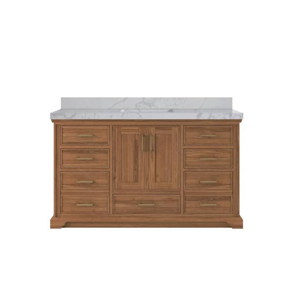 Willow Collections Charlotte Teak 60 in. W x 22 in. D x 36 in. H Single Sink Bath Vanity in Dark Natural with 2 in. Venatino Quartz Top
