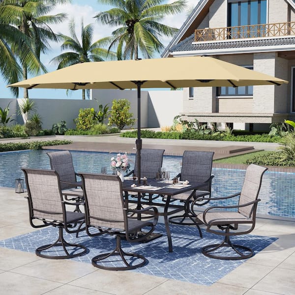 PHI VILLA Black 8-Piece Metal Outdoor Patio Dining Set with Slat Rectangle Table, Umbrella and Padded Textilene Swivel Chairs
