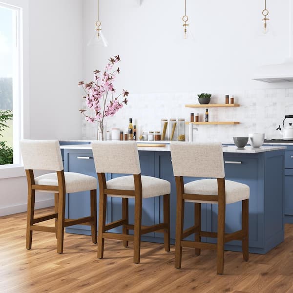 25.6 in. Gray Woven Open Back Wood Bar Stool Counter Stool with Upholstered Seat