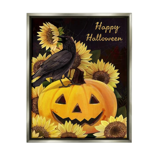 Stupell Industries Crow on Jack-o-Lantern by Diane Neukirch 1 Piece Floater Frame Graphic Print Animal Poster Art Print 21 in. x 17 in.