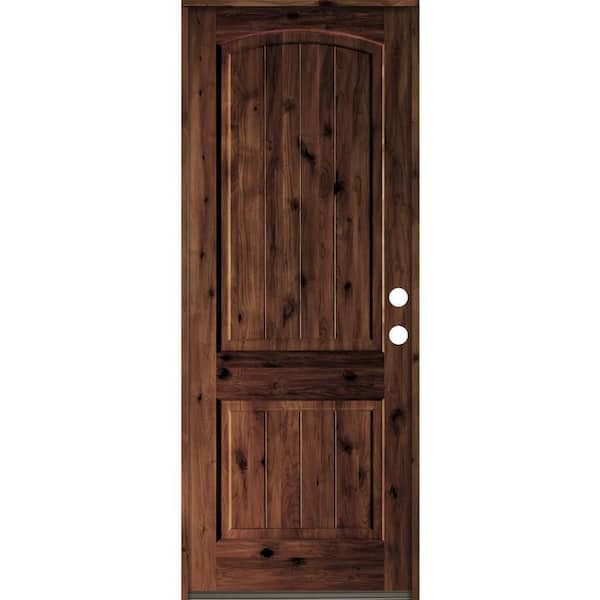 Krosswood Doors 32 in. x 96 in. Rustic Knotty Alder Arch Top V-Grooved Red Mahogony Stain Left-Hand Wood Single Prehung Front Door