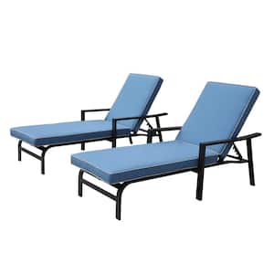 Black 2-Piece Aluminum Outdoor Chaise Lounge with Blue Cushions