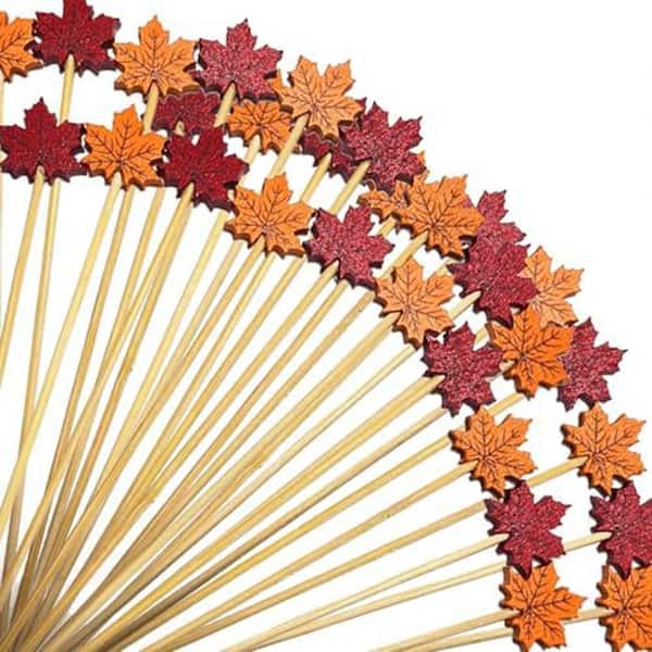 Maple Leaf Fall Series Orange Red Brown Disposable Wood Cocktail Toothpicks 4.7 in. Appetizer Skewers 100 Per Case