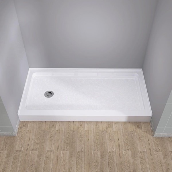NTQ 60 in. x 30 in. Acrylic Single Threshold Shower Pan Alcove Floor Rectangular Shower Pan Base with Left Drain in White