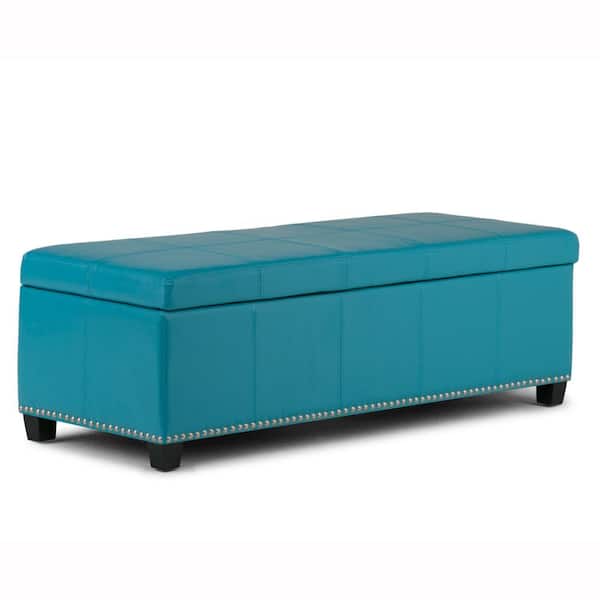 Simpli Home Kingsley 48 in. Transitional Storage Ottoman in Mediterranean Blue Bonded Leather