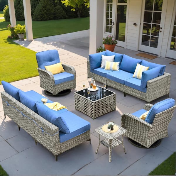 HOOOWOOO Holston 10-Piece Wicker Outdoor Patio Conversation Sofa Sectional Set with Swivel Rocking Chairs and Sky Blue Cushions