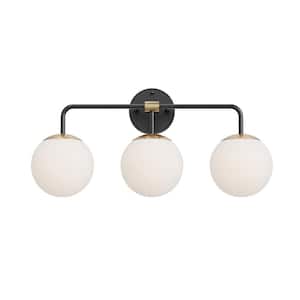 23 in. W 3-Light Black and Gold Finish Vanity Light Frosted Opal Glass Shades