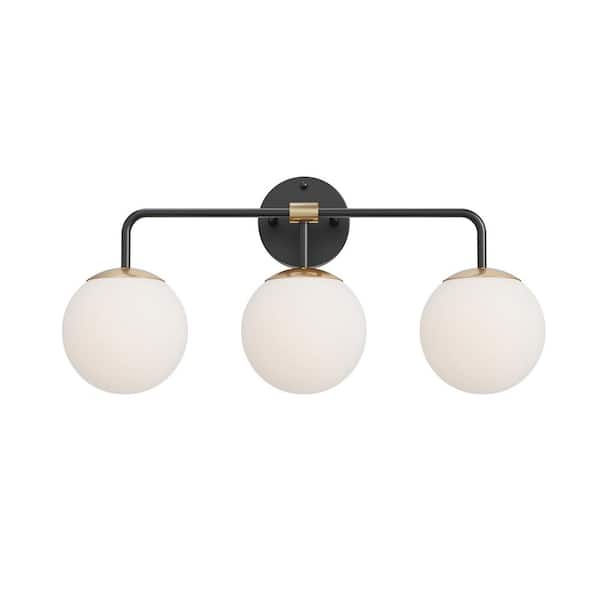 Luminosa 23 in. W 3-Light Black and Gold Finish Vanity Light Frosted Opal Glass Shades