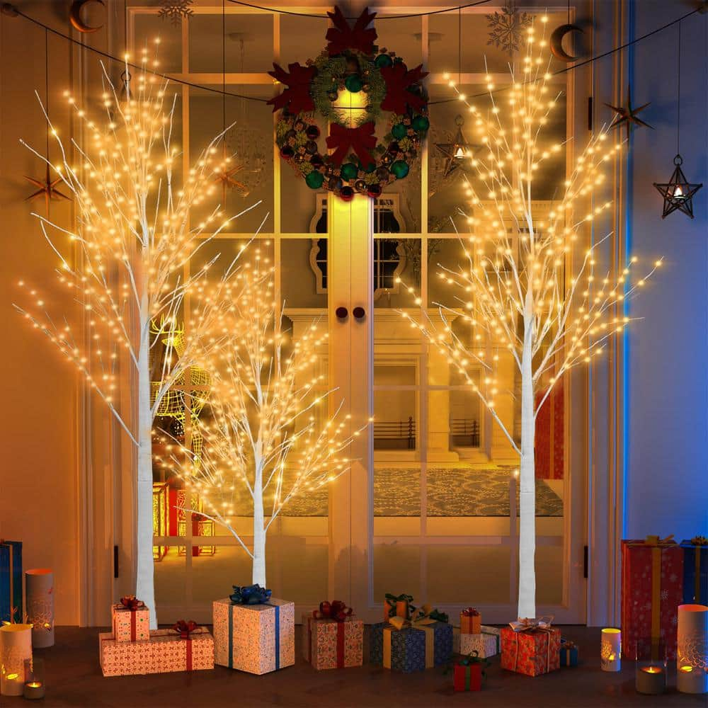 Jasmynn 3-Pack Lighted Birch Tree for Home Decor with Timer, Birch Christmas Tree with Warm White Lights The Holiday Aisle