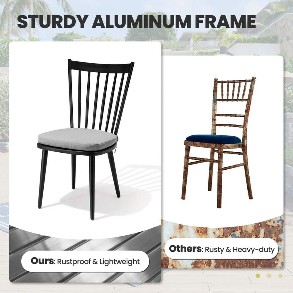 Black Aluminum Armless Dining Chairs with Cushions, Set of 2