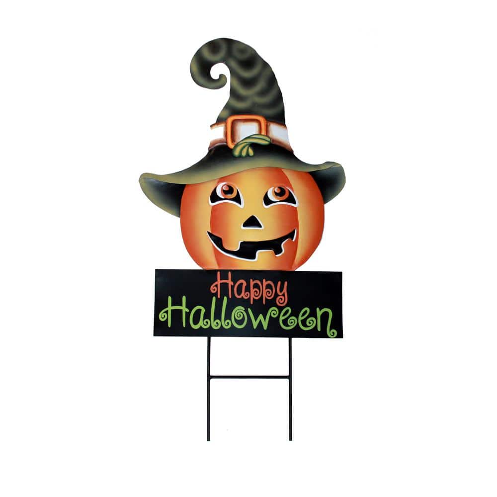 27 in. Happy Halloween Sign On Metal Pumpkin Jackolantern Stake