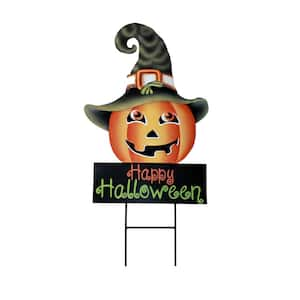 27 in. Happy Halloween Sign On Metal Pumpkin Jackolantern Stake