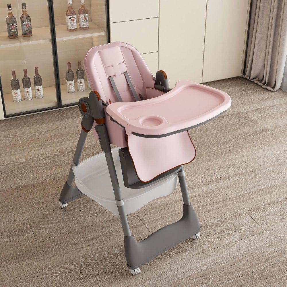 Pink Portable Infant Feeding Seat 0-6 Years with Safety Belt, Silent Lockable Wheels and Easy-Clean Design for Home