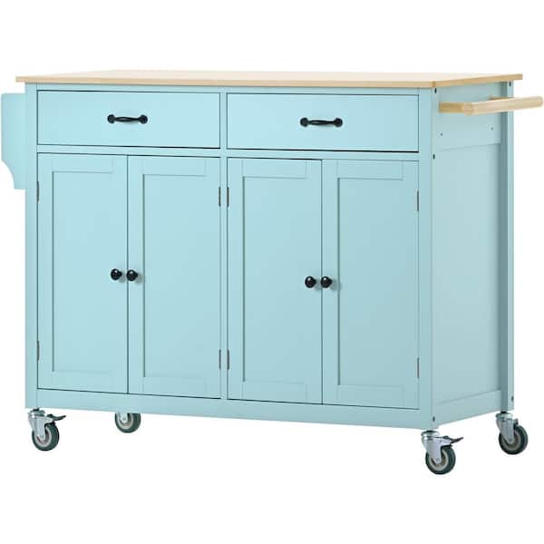 grossag Light Green Wood 54.3 in. Kitchen Island 4-Door Cabinet and 2-Drawers, Spice Rack, Towel Rack, Locking Wheels