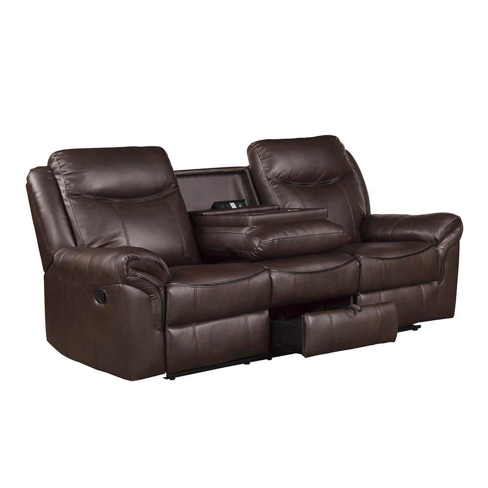 Dark Brown Faux Leather Reclining Sofa with Storage and Cup Holders