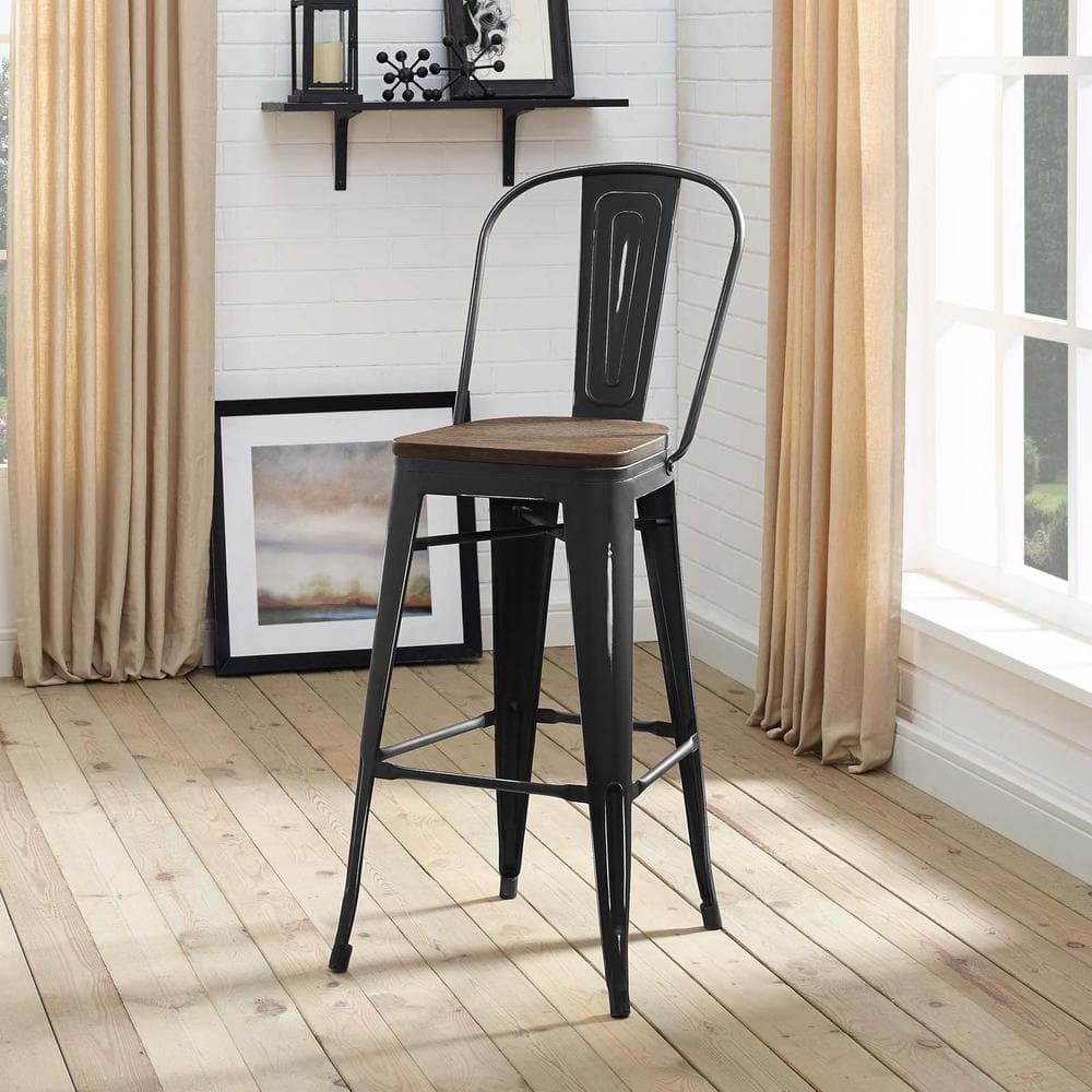 Industrial Modern 20.5" Black Steel and Bamboo Bar Stool