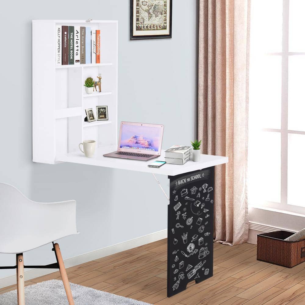 White Wall Mounted Foldable Desk with Blackboard and Shelves