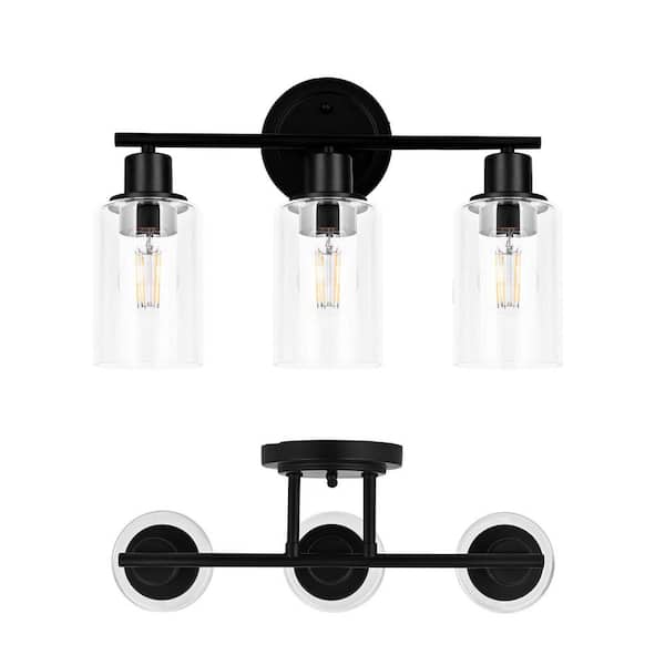 Hukoro GLA 17 in. 3-Light Matte Black Vanity Light Fixture with Clear Glass Shade