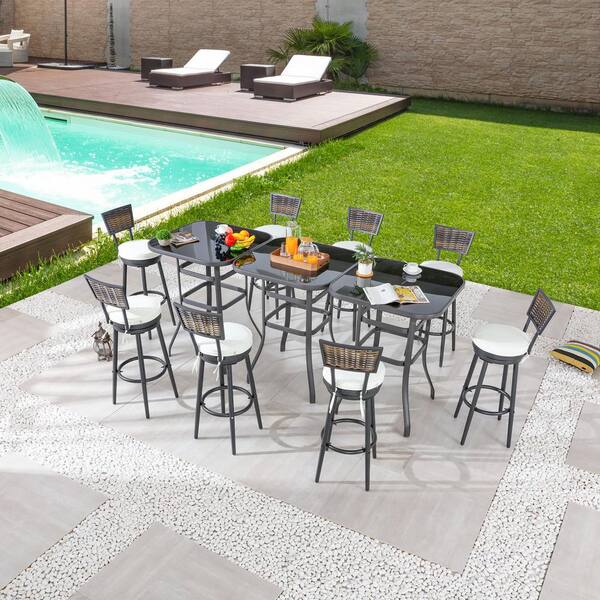 Patio Festival 11-Piece Wicker Bar Height Outdoor Dining Set with Beige Cushions