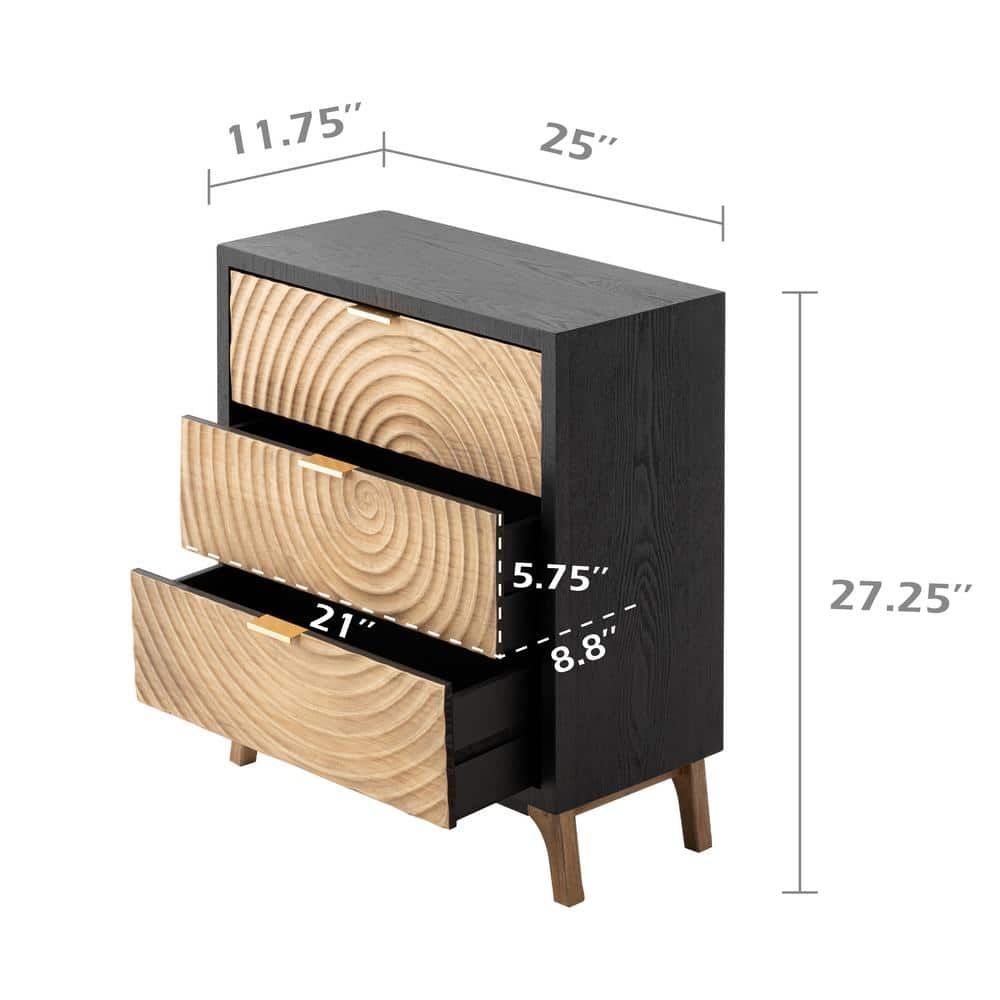 Black and Natural Wood 3-Drawer Nightstand with Ring Motif