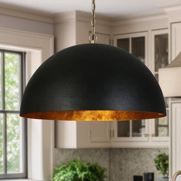 Zevni 23.6 in. 1-Light Modern Black and Gold Dome Pendant Light