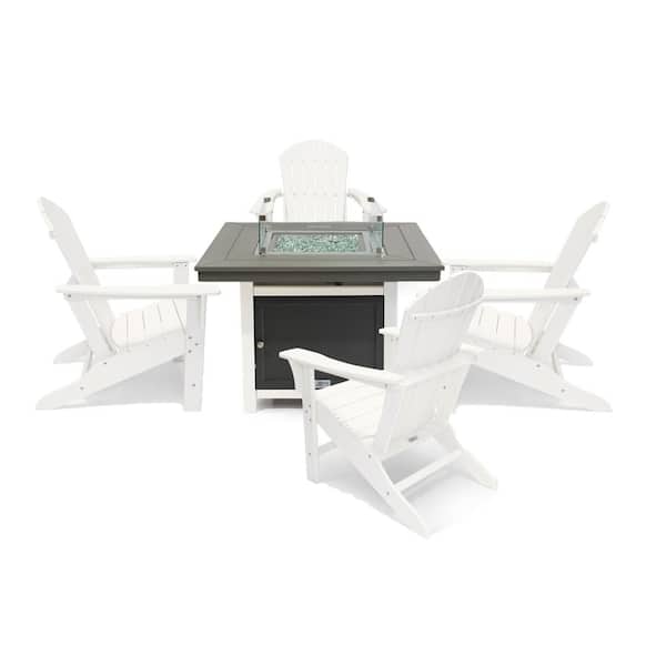 LuXeo Park City 42 in. Two-Tone Gray Square Top Fire Pit, 5-Piece Plastic Patio Conversation Set with White Hampton Chairs