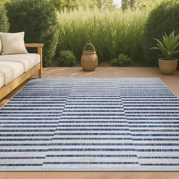 Sukie Modern Offset Stripe Ivory/Blue 3 ft. x 5 ft. Indoor/Outdoor Area Rug