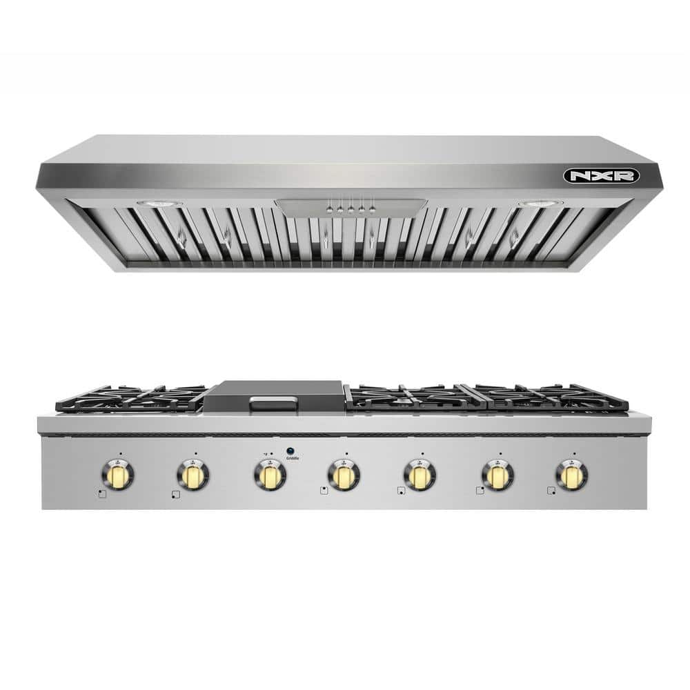 NXR Entree Bundle 48 in. Pro-Style Gas Cooktop in Stainless Steel and Gold with 6 Burners, Griddle Burner and Range Hood, Stainless Steel and Black
