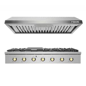 Entree Bundle 48 in. Pro-Style Gas Cooktop in Stainless Steel and Gold with 6 Burners, Griddle Burner and Range Hood