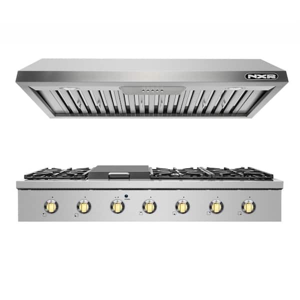 NXR Entree Bundle 48 in. Pro-Style Gas Cooktop in Stainless Steel and Gold with 6 Burners, Griddle Burner and Range Hood