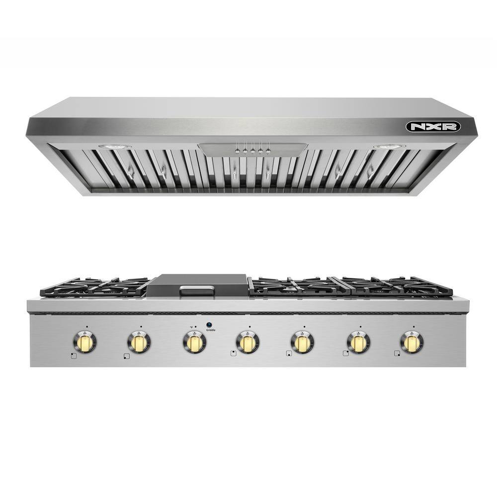 Entree Bundle 48 in. Pro-Style Liquid Propane Cooktop with Griddle Burner and Range Hood in Stainless Steel and Gold