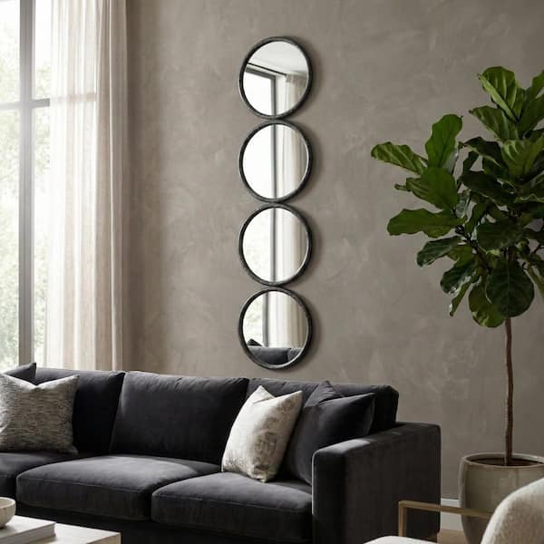 Black 12 in. x 48 in. Modern Wood With 4-Mirrored Circles Framed Mirror