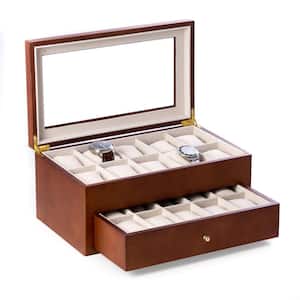 Cherry Wood 20-Watch Box with Glass Top and Drawer Velour Lining and Pillows