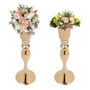 2-Piece 21.7 in. Tall Wedding Centerpieces Gold Metal Tabletop Trumpet Vases with Crystal Bead