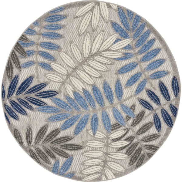 Nourison Aloha Gray/Blue 5 ft. x 5 ft. Round Floral Contemporary Indoor/Outdoor Patio Area Rug