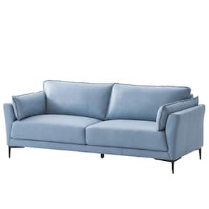 Mesut 38 in. Square Arm Leather Rectangle Sofa in. Light Blue Top Grain Leather & Black Finish
