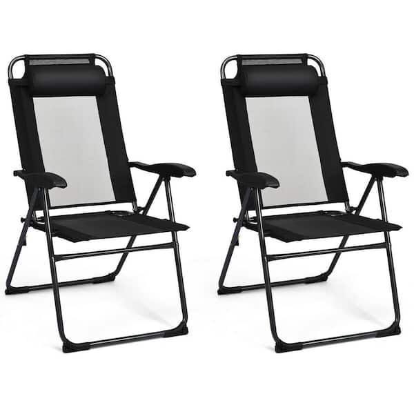 ANGELES HOME Black Steel Adjustable Patio Folding Chair Recliner (Set of 2)