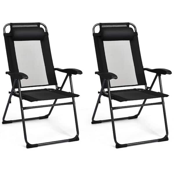 ANGELES HOME 2-Pieces Black Metal Steel Outdoor Adjustable Patio Folding Recliner Chairs with 7-Level Adjustable Backrest