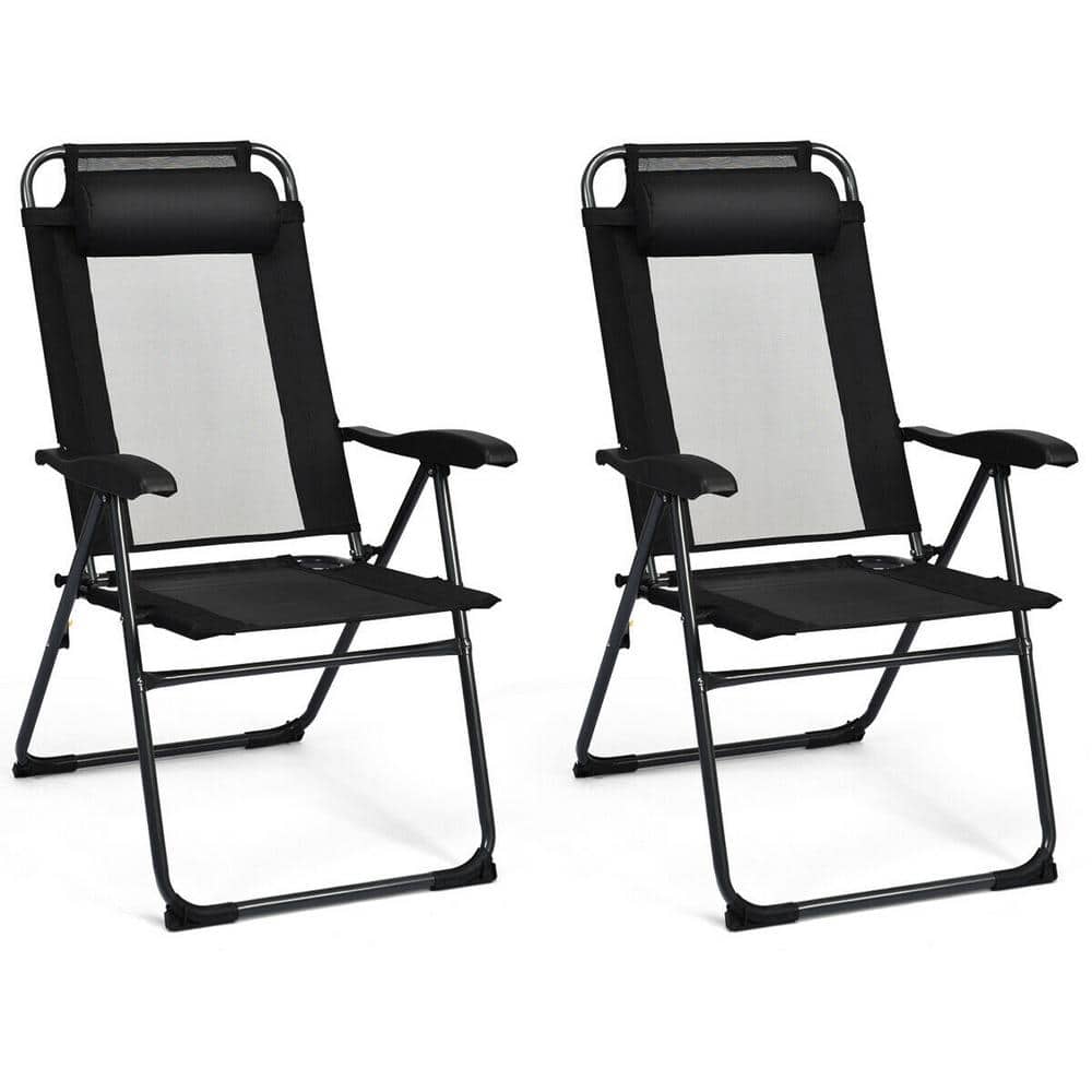Black Adjustable Folding Metal Outdoor Recliner Chairs (2-Pack)