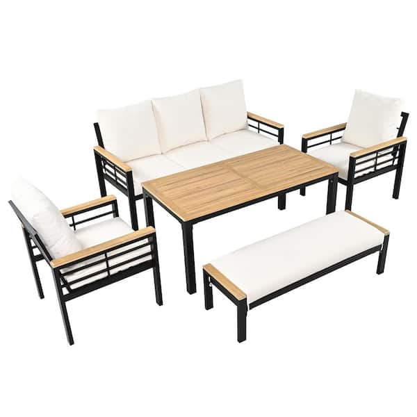 5-Piece Black Metal Patio Outdoor Conversation Sets with Beige Cushions and 3-Seat Sofa