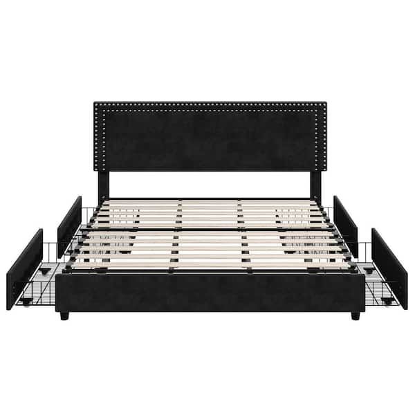 Platform Bed Frame Black Metal Frame King Size Platform Bed with 4 Storage Drawers, Upholstered bed with Headboard