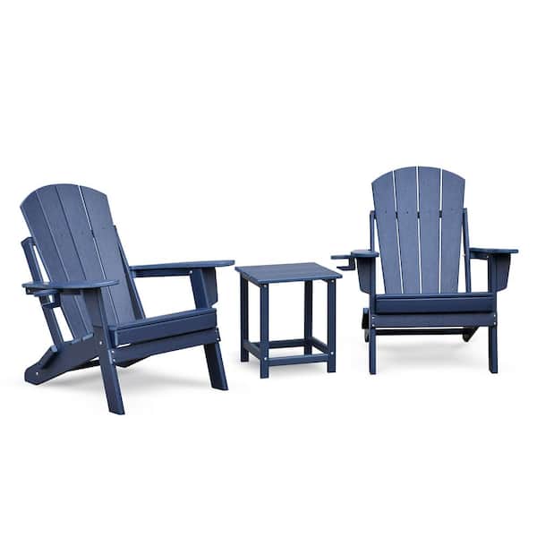 Unbranded Classic Navy Blue HDPE All-weather Outdoor Folding Adirondack Chair Set of 2 and Table Set