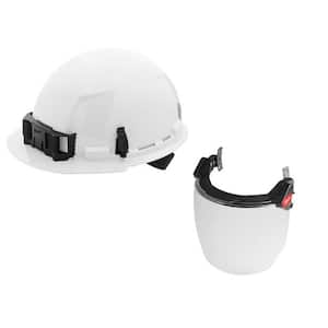 BOLT White Type 1 Class E Front Brim Non Vented Hard Hat with 4-Pt Ratcheting Suspension with BOLT Clear Full Facesheild
