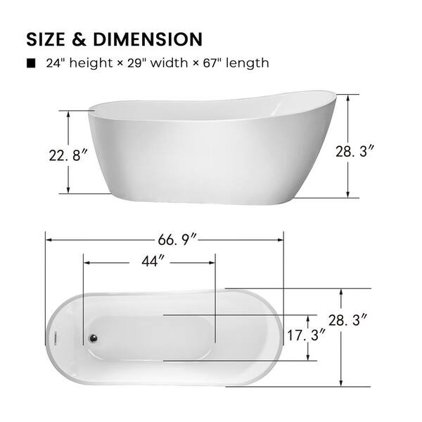 Vanity Art Poitiers 67 in. Acrylic Flatbottom Left Bathtub in White