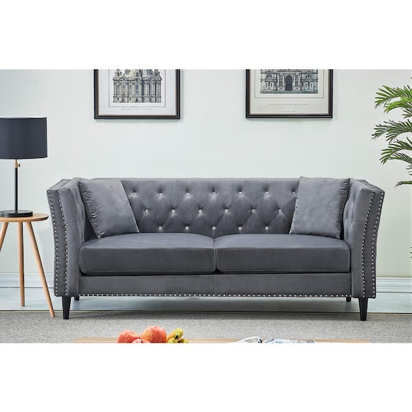 Rivas 64.5 in. Grey Velvet 3-Seater Tuxedo Sofa with Square Arms