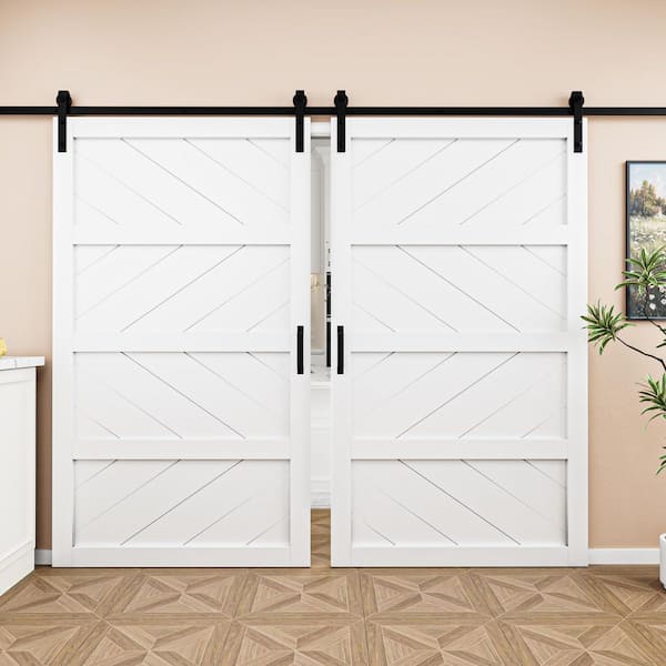 96 in. x 84 in. White 4 Lite Wave Pattern Finished MDF Sliding Barn Door with Hardware Kit and Soft Close