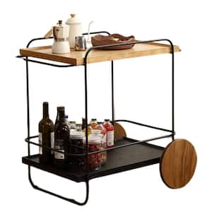 Light Oak Wood and Carbon Steel Materials Serving Kitchen Cart with Wood Top